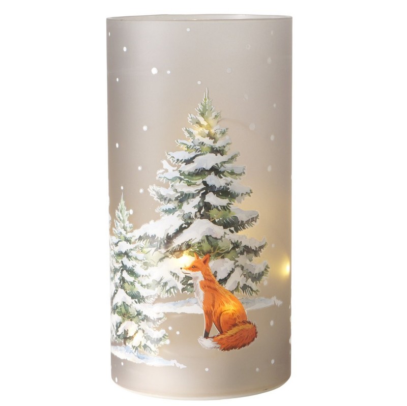 Lanterna led natalizia in vetro opaco decorata con volpe nel bosco innevato, perfetta come regalo di Natale